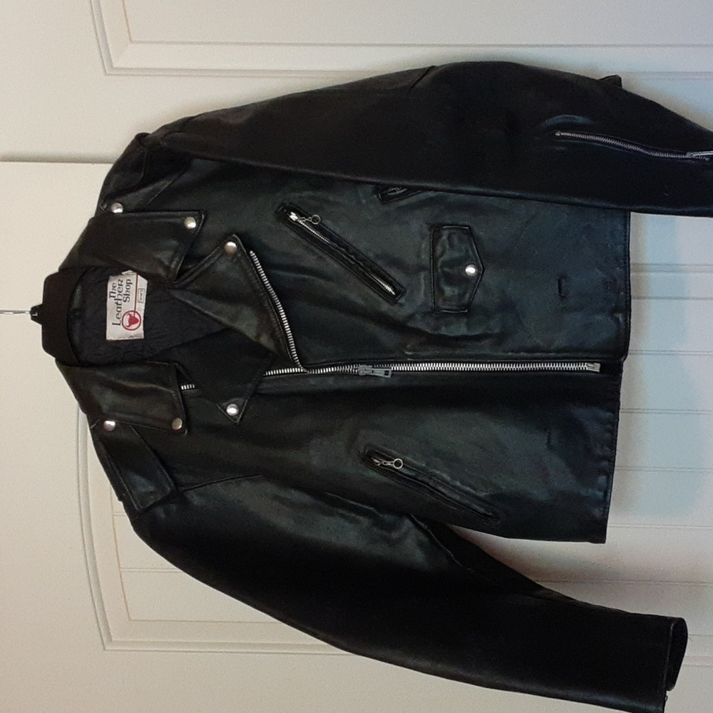Black leather biker motorcycle jacket